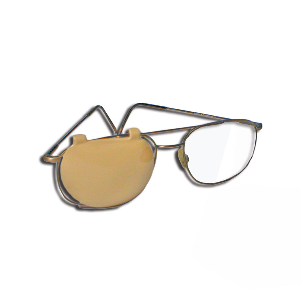 MedPharma USAs Clip-On Occluder, Leaf-type (46mm Flesh Color), offers a wire-frame glasses design with one clear lens and the other occluded, ideal for effective amblyopia management in vision therapy.
