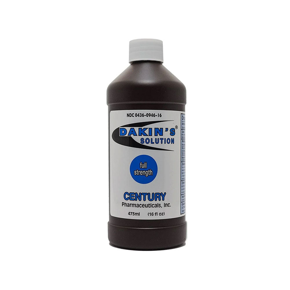 A 473 ml (16 fl oz) brown bottle of Dakins Solution for wound care, with sodium hypochlorite, branded by MedPharma USA, features a blue and white label with instructions and details.