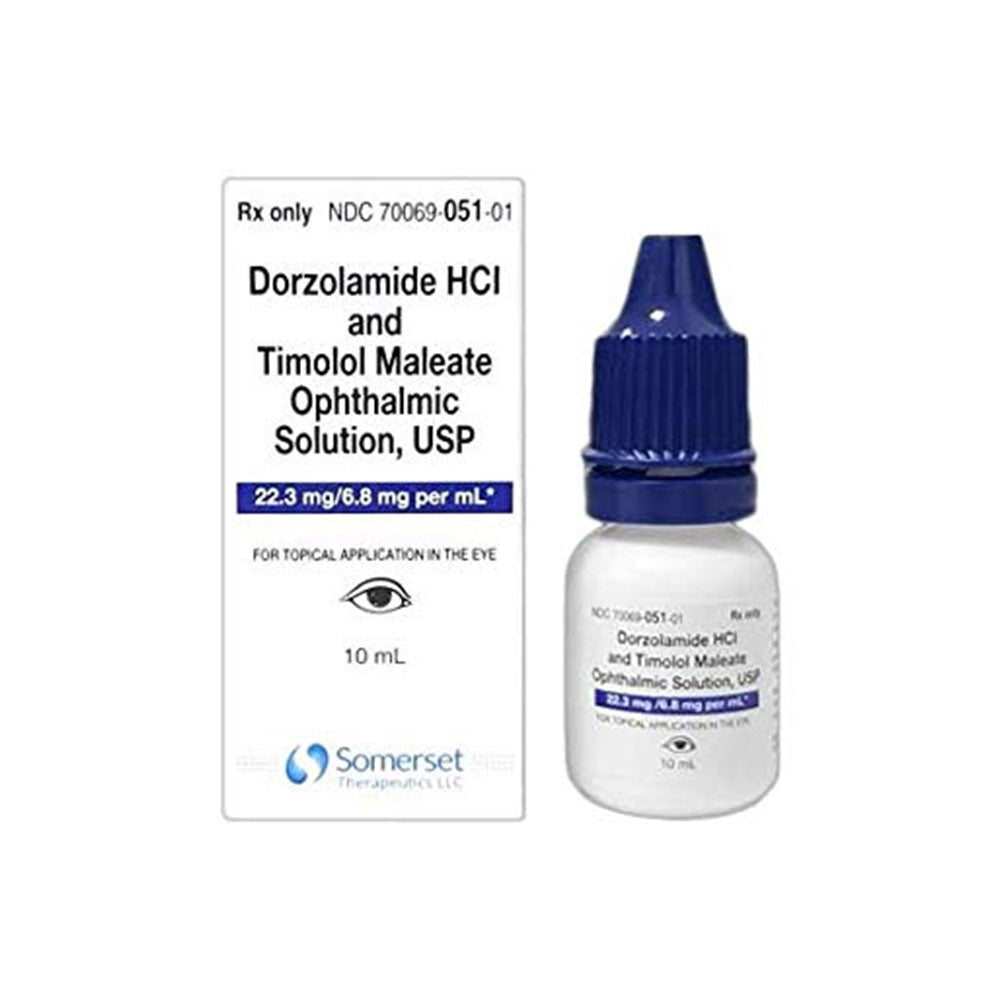 A bottle with a blue cap labeled Dorzolamide 2% | Timolol 0.5% | Ophthalmic Solution, 10mL by MedPharma USA sits beside its box, offering essential relief for eye conditions.