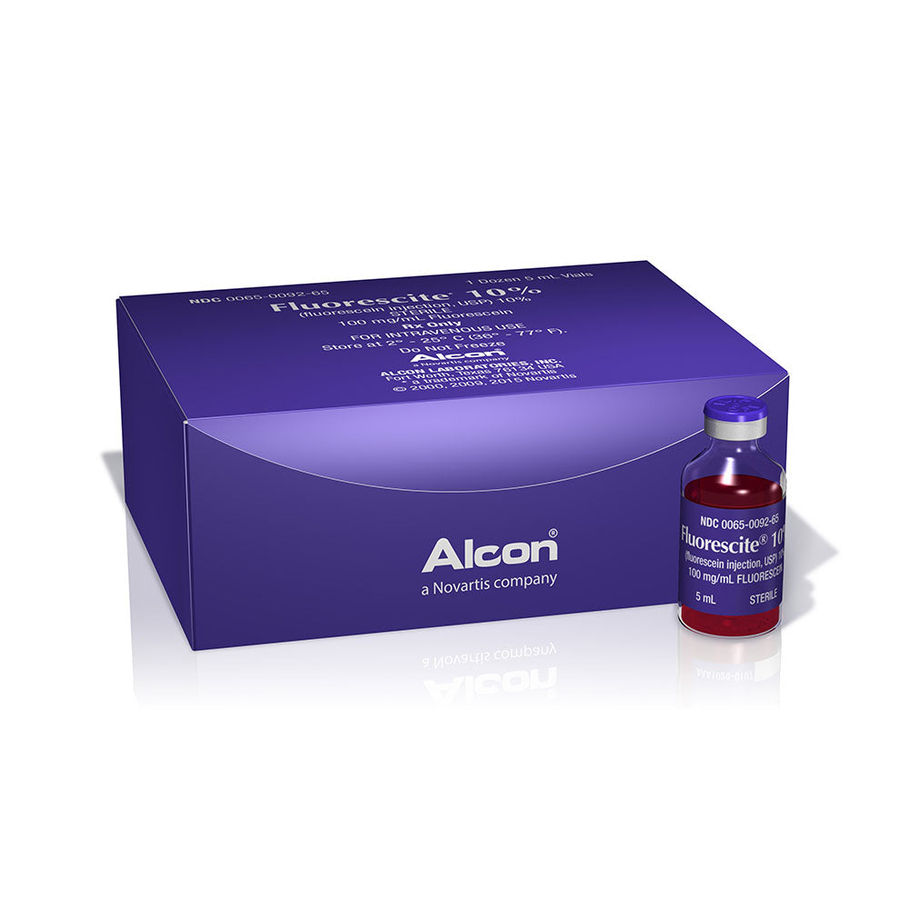 A purple box sits next to a vial labeled Fluorescite 10% Injection, 5mL, by MedPharma USA, often used for ophthalmic exams and fluorescein angiography.