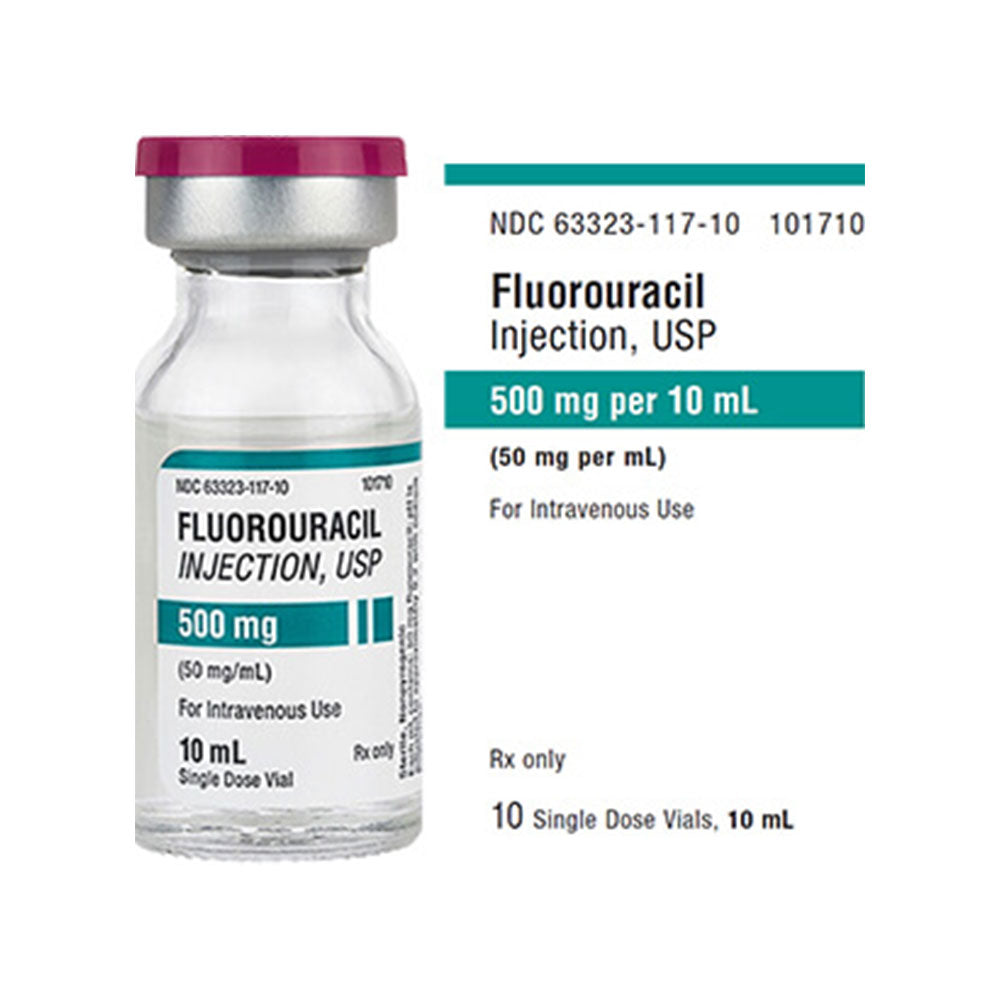 The single-dose vial of MedPharma USAs Fluorouracil Injection contains 500 mg in 10 mL (50 mg/mL) for IV use in colorectal cancer, featuring a white label, burgundy cap, NDC number, and prescription details.