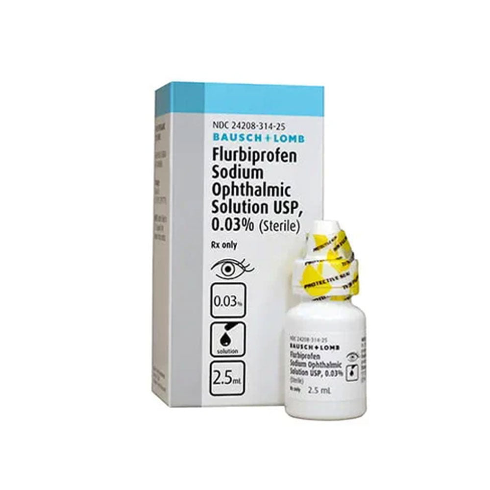 Displayed is a white and blue box with text and a white dropper bottle, both labeled in detail, of MedPharma USA Flurbiprofen Sodium Topical Solution 0.03%, 2.5 mL for effective pain management.