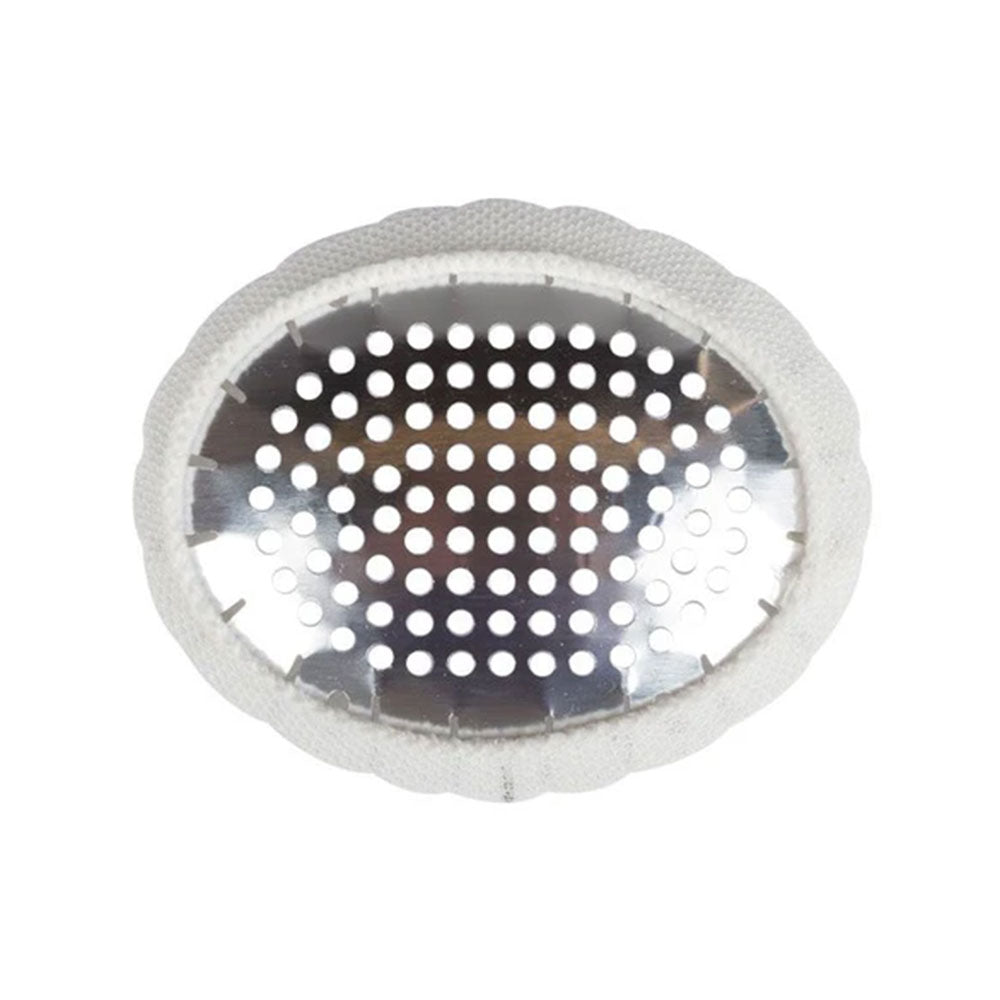 The Fox Aluminum Eye Shield by MedPharma USA features a circular metal design with perforated holes, surrounded by a white cloth rim and colored garter, suitable for covering and brewing loose tea leaves in cups or mugs.