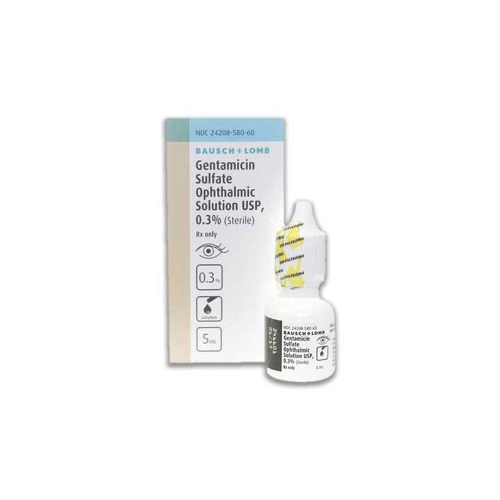 The beige and teal box of MedPharma USA Gentamicin 0.3% Ophthalmic Solution by Pacific Pharma (Greenstone) contains a white bottle with a dropper cap and matching label for treating bacterial infections.