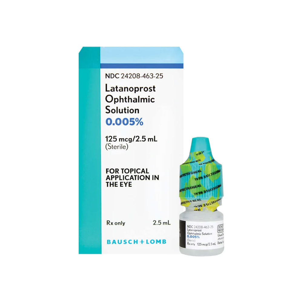 Image showing a medication box and bottle labeled Latanoprost, 0.005%, 2.5ml Somerset by MedPharma USA, designed for treating open-angle glaucoma or ocular hypertension, with a blue cap.