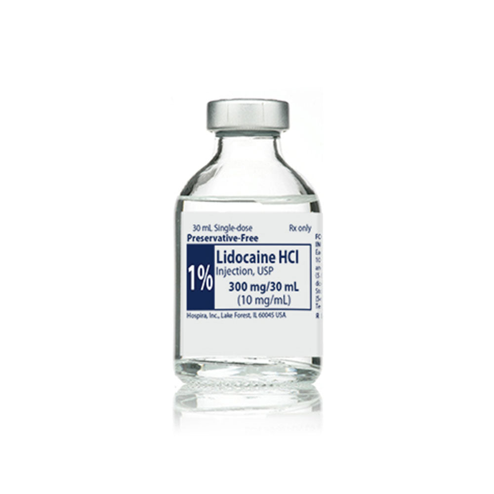 A clear glass vial labeled Lidocaine Injection 1%, 30mL from MedPharma USA contains a preservative-free, single-dose local anesthetic solution (300 mg/30 mL or 10 mg/mL) for effective pain relief.