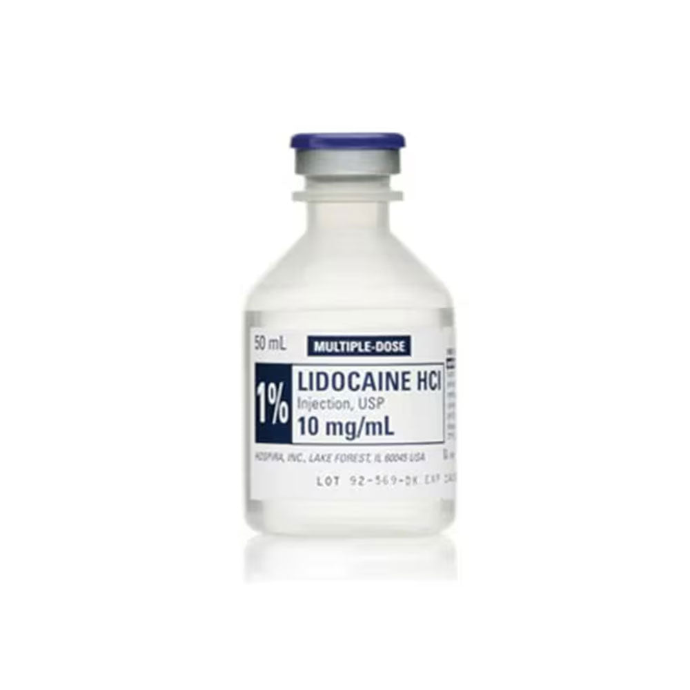 The clear vial labeled Lidocaine Injection 1% from MedPharma USA is for local anesthesia and pain management. It features a blue cap, contains 10 mg/mL Lidocaine HCl, and has a 50 mL capacity as a multiple-dose vial.