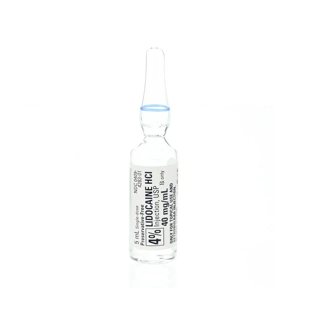 MedPharma USAs Lidocaine Injection 4% Ampules offer pain relief as a local anesthetic in a transparent glass ampoule labeled 40 mg/mL with a 4 mL volume. Designed for single use, it features medicinal details in white and black text and has a breakable neck marked by a blue ring.