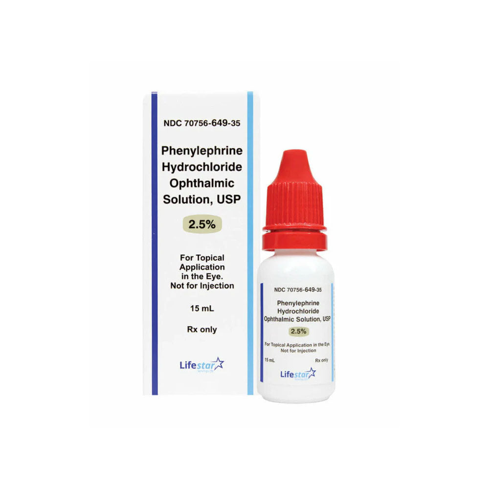 A 15mL bottle of MedPharma USAs Phenylephrine Hydrochloride Ophthalmic Solution 2.5%, intended for mydriasis, is packaged with a red cap and labeled for topical eye use only, not for injection.