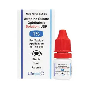 A 2mL small white bottle from Lifestar pharmaceuticals, bottle has a red cap and is labeled Atropine 1% for topical eye use by ophthalmologists and optometrists. Available to order at Vision Rescue. 