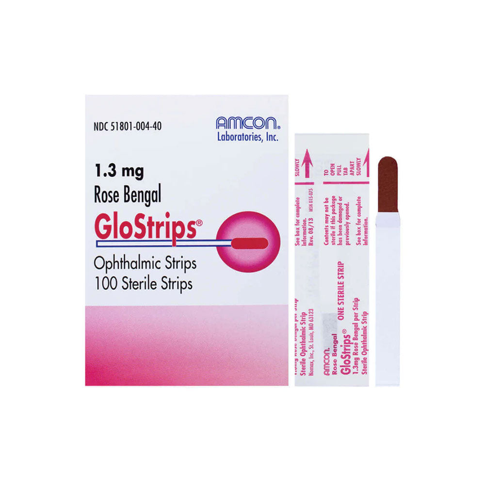 Image of a box labeled RoseBengal GloStrips by MedPharma USA, containing 1.3 mg ophthalmic strips. Designed for ophthalmology use, the box in white and pink highlights ocular health, with a single sterile strip partially visible beside it.