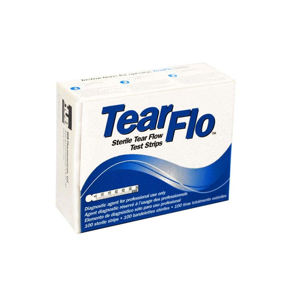 MedPharma USAs TearFlo Schirmer Ophthalmic Strips come in a box of 100. Designed with a blue and white motif, they are intended for professional use only, ideal for diagnosing dry eye syndrome.