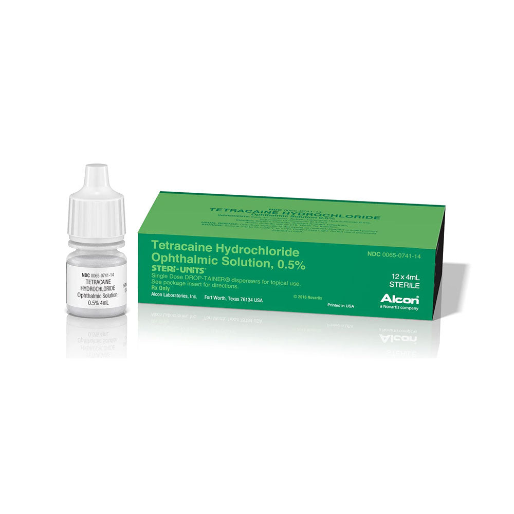 A green and white box labeled Tetracaine, 0.5%, 4ml contains a white dropper bottle for eye procedures. Both the box and the bottle feature the brand name MedPharma USA.