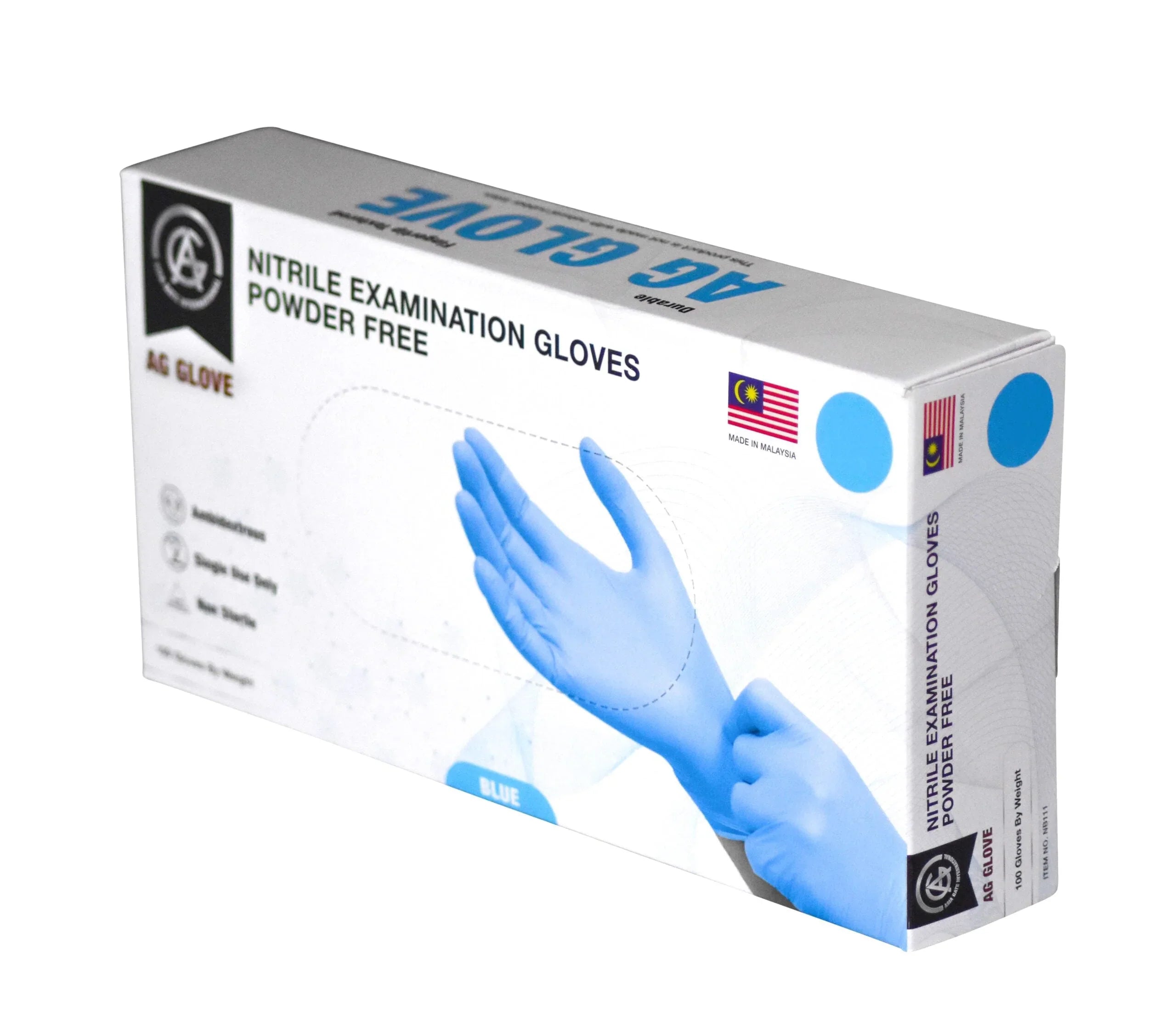 A box of MedPharma USA nitrile exam gloves, powder-free and small, with packaging depicting blue gloves alongside the flags of Malaysia and the USA.