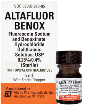 The image shows a box and bottle of Altafluor Benoxinate, an ophthalmic solution by MedPharma USA, containing 0.25% Fluorescein Sodium and 0.4% Benoxinate Hydrochloride in a sterile 5 mL form with cold shipping included.