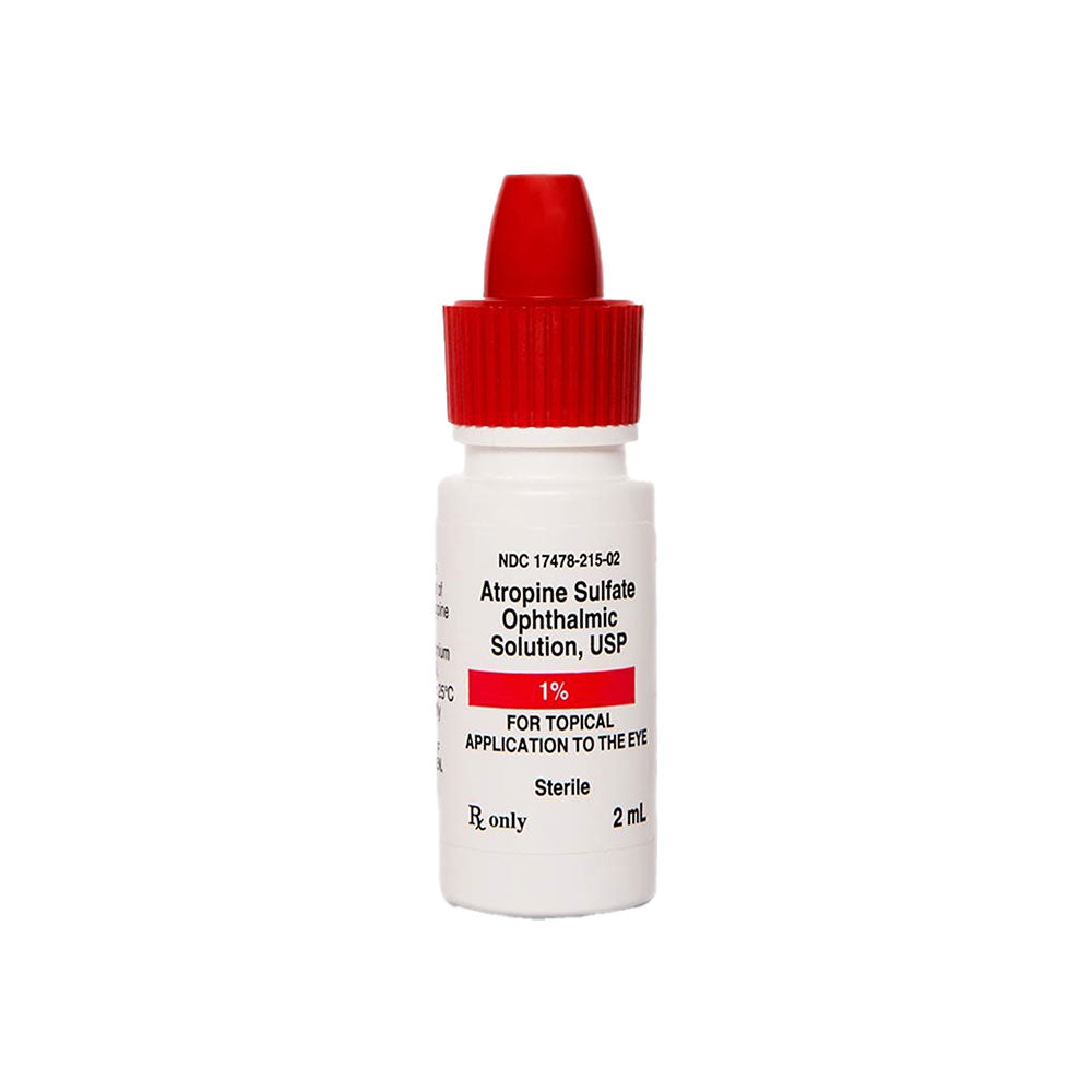 A white bottle with a red cap labeled Atropine 1%, 2 mL, Amneal by MedPharma USA. This sterile ophthalmic solution for presbyopia is designed for topical eye application.