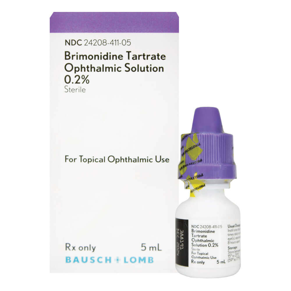 A 5mL bottle of Brimonidine Tartrate Ophthalmic Solution 0.2% with a purple cap sits next to a white box featuring its use for reducing intraocular pressure in open-angle glaucoma, branded as Bausch & Lomb
