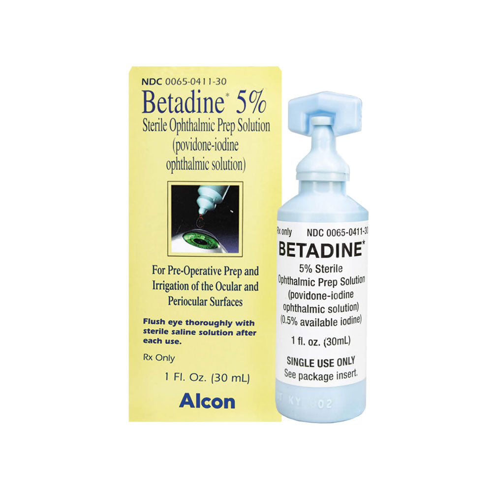 Image of a Betadine Solution, 5%, 30ml, by MedPharma USA/Alcon. The yellow box includes instructions, and the clear single-use bottle with a blue cap holds the antiseptic suitable for ocular and periocular preparation and irrigation.