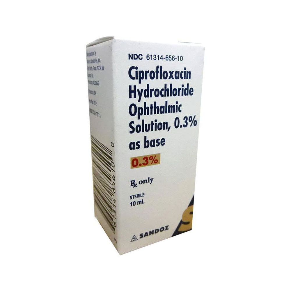 Ciprofloxacin Ophthalmic Solution by Sandoz, 0.3% as base, treats eye bacterial infections. This 2.5 mL sterile, prescription-only product is expertly crafted under the brand name MedPharma USA.