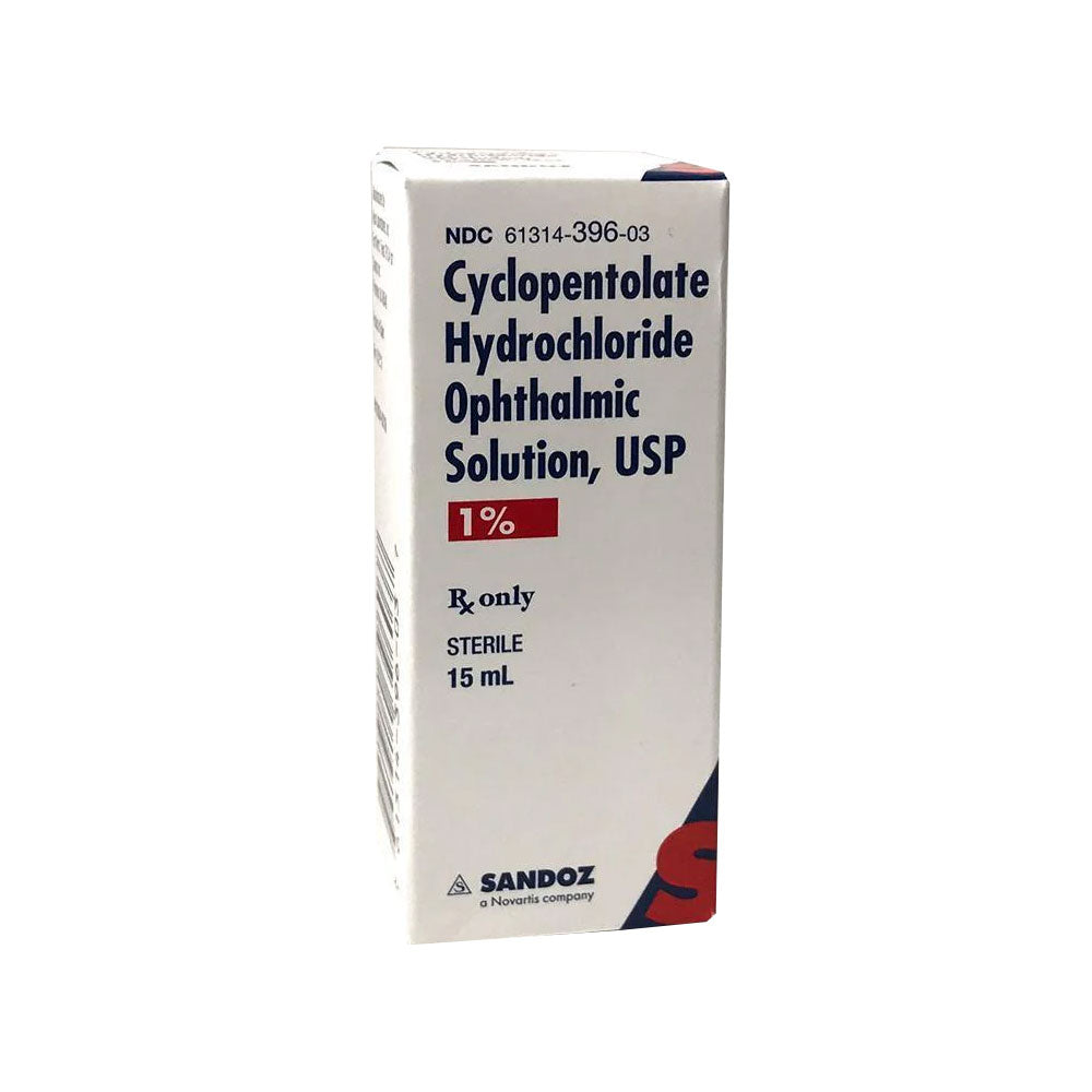 15mL box of Cyclopentolate Hydrochloride Ophthalmic Solution, USP 1%, by MedPharma USA for mydriasis. It is prescription-only and sterile, with the Sandoz logo prominently featured.