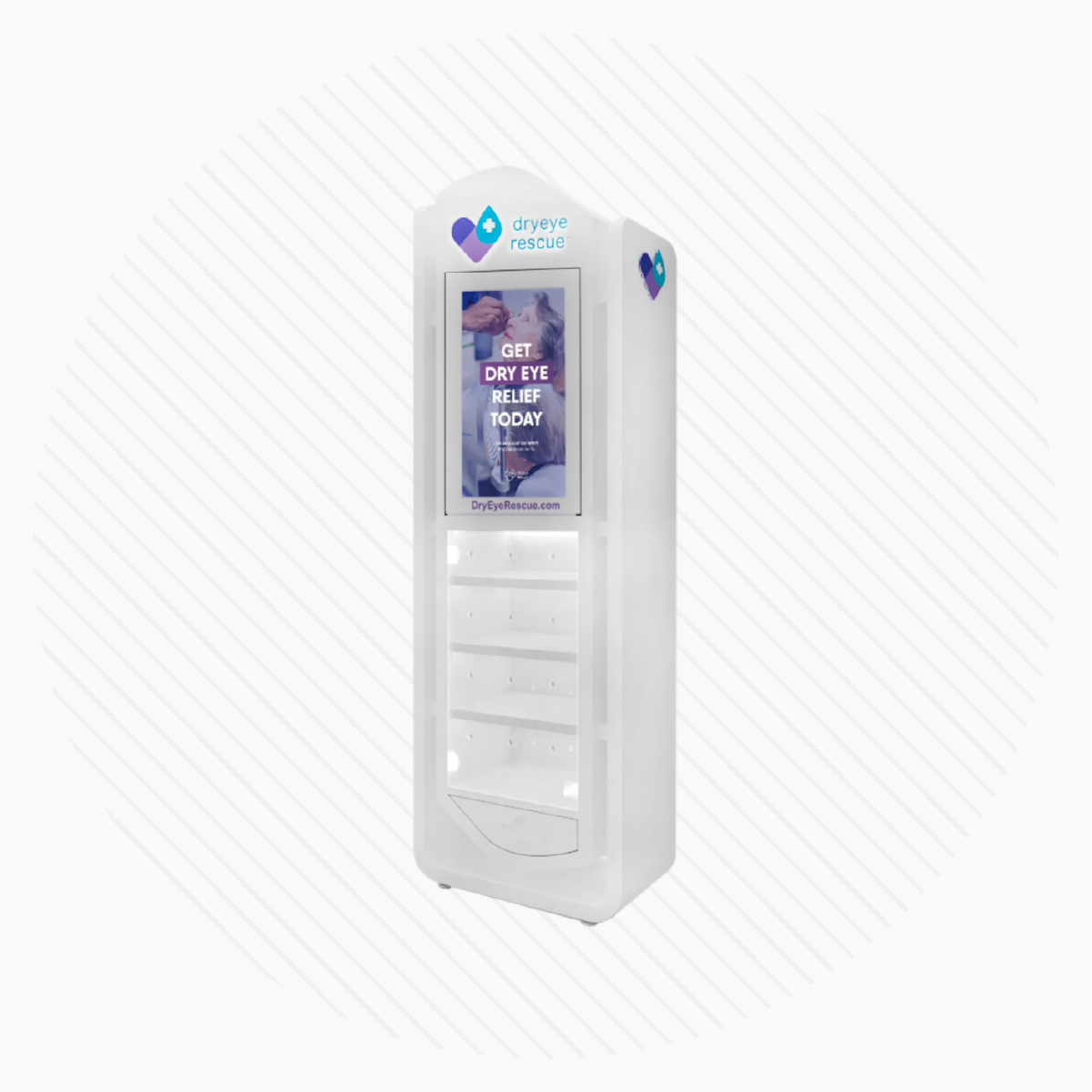 The Tall & Skinny Standing Floor Display Slim by DryEye Rescue is a white tower unit, perfect for small spaces. It features a digital screen at the top with dry eye relief ads and a website link. Made of durable metal, it offers multiple shelves and displays a heart-shaped logo on the top and side.