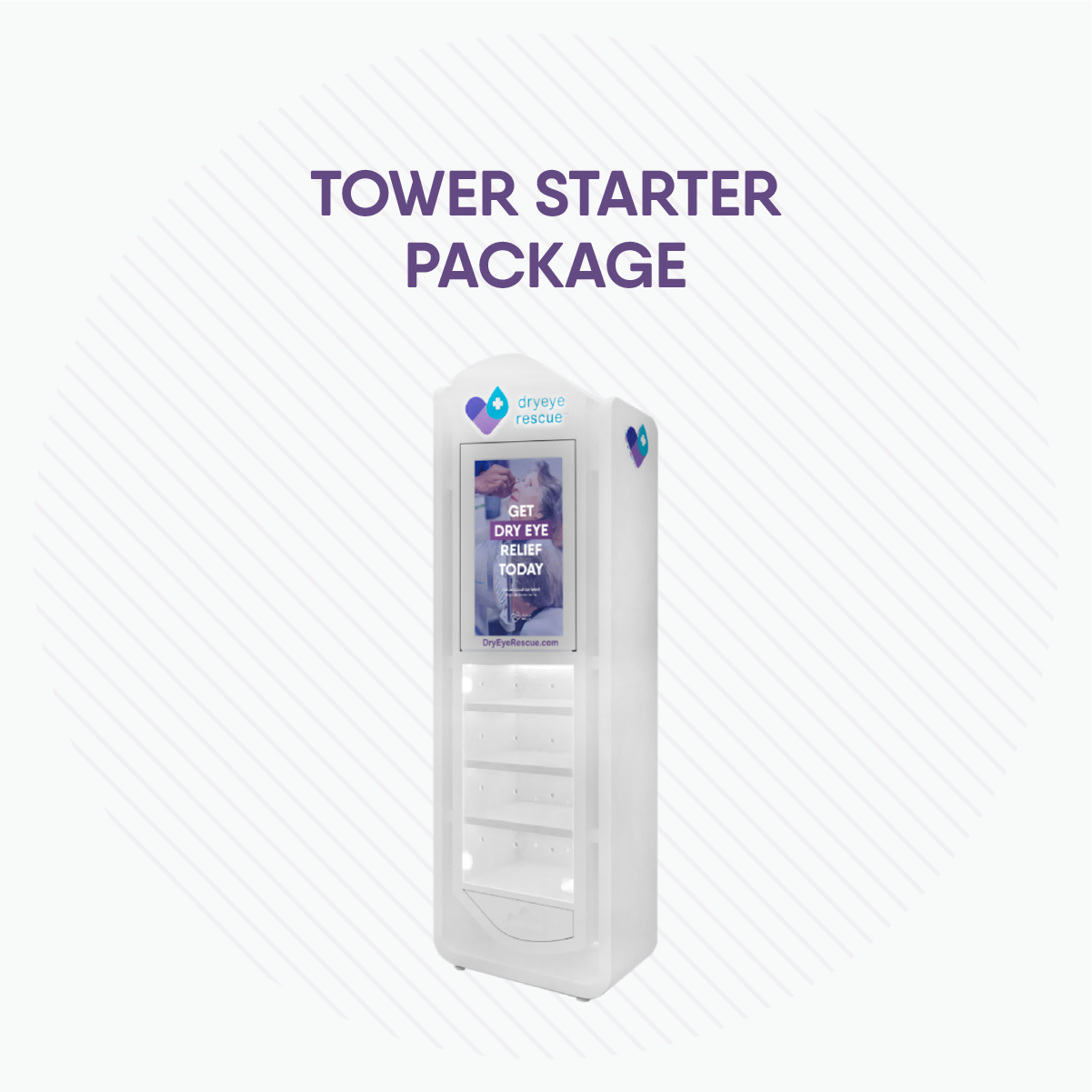 The Tower Standing Display from Package A features an artful design with a white tower and heart-shaped logo. Ideal for compact areas, it prominently showcases the DryEye Rescue brand, urging visitors to GET DRY EYE RELIEF TODAY.