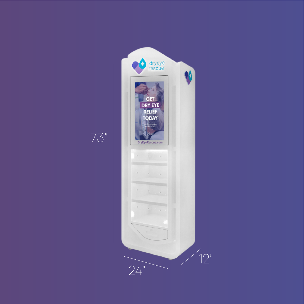 The DryEye Rescue Tall & Skinny Standing Floor Display Slim features a sleek tower design on a gradient purple background, reading Get Dry Eye Relief Today with eye and eye drop images. At 73 inches tall, it efficiently uses space with its 24-inch width and 12-inch depth.