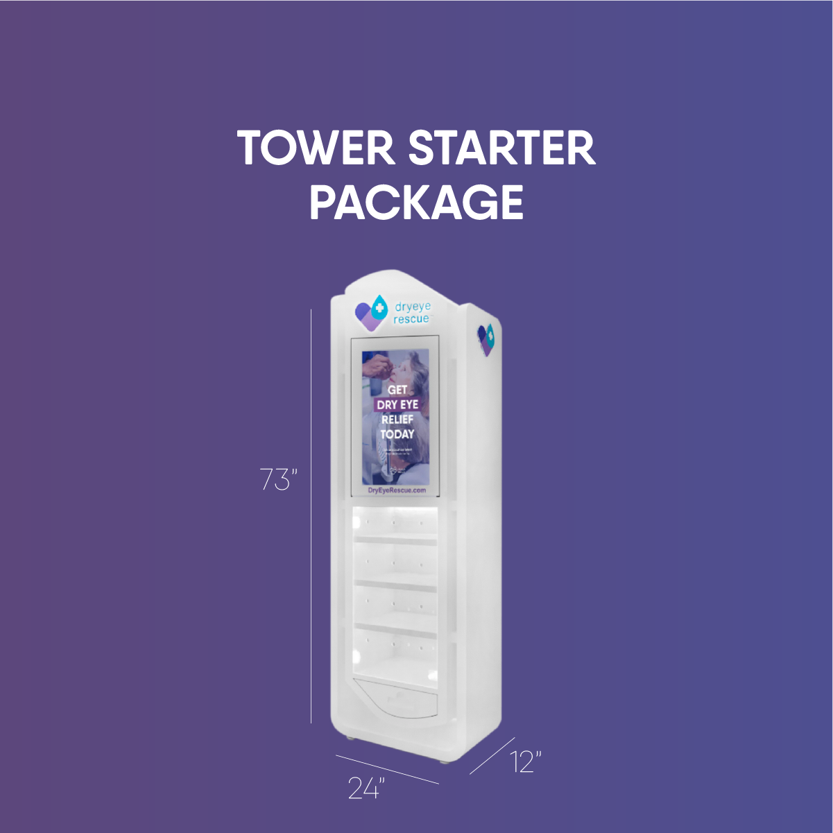 The Package A from DryEye Rescue includes a white, durable metal tower display that stands 73 tall and measures 24 wide by 12 deep. It features a screen with an ad for dry eye relief and a background in purple tones for visual impact, ideal for smaller spaces.