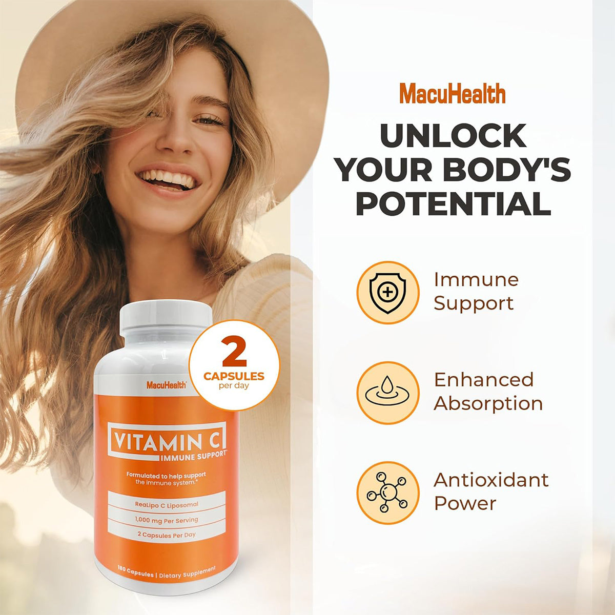 Macuhealth Liposomal Vitamin C 1000MG Per Serving - High Bioavailablity Vitamin with Fat-Soluble Antioxidants and Enhanced Absorption (180ct)