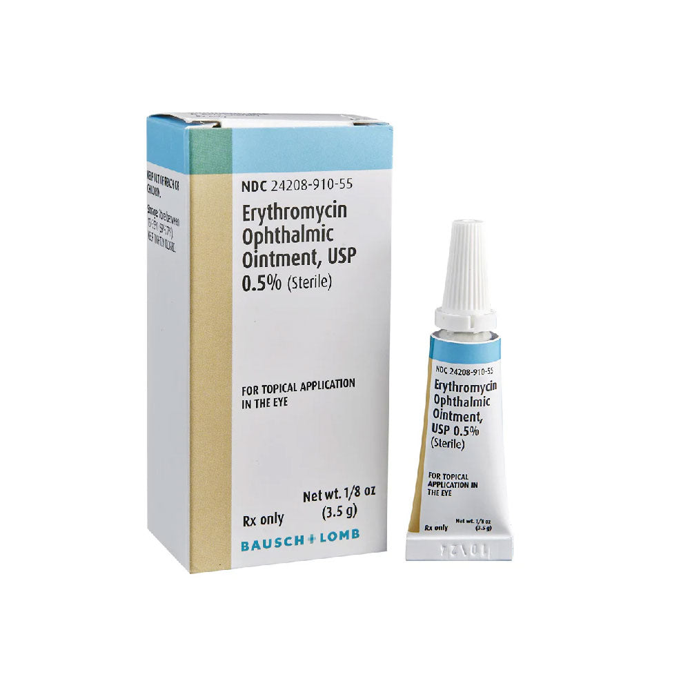 A 3.5gm tube of MedPharma USAs Erythromycin Ointment, 0.5%, ideal for acne treatment; the white and blue box with text accompanies the white tube featuring a pointed cap, placed neatly beside it.