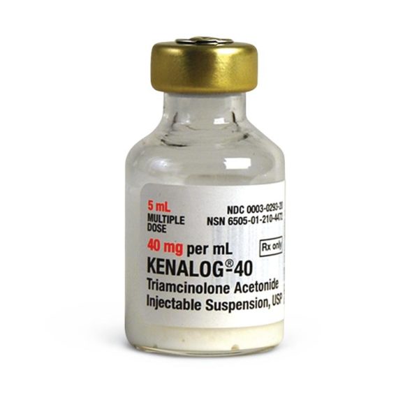 A 5mL glass vial with a gold cap labeled Kenalog Injection 40mg from MedPharma USA holds Triamcinolone Acetonide suspension, a corticosteroid. The label includes dosage and medical information.