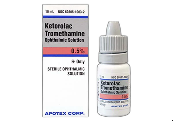 A small white bottle and box of Ketorolac Topical Solution Eye Drop, 0.5%, 5mL by MedPharma USA, marked Rx Only, provides non-steroidal anti-inflammatory relief for ocular pain.