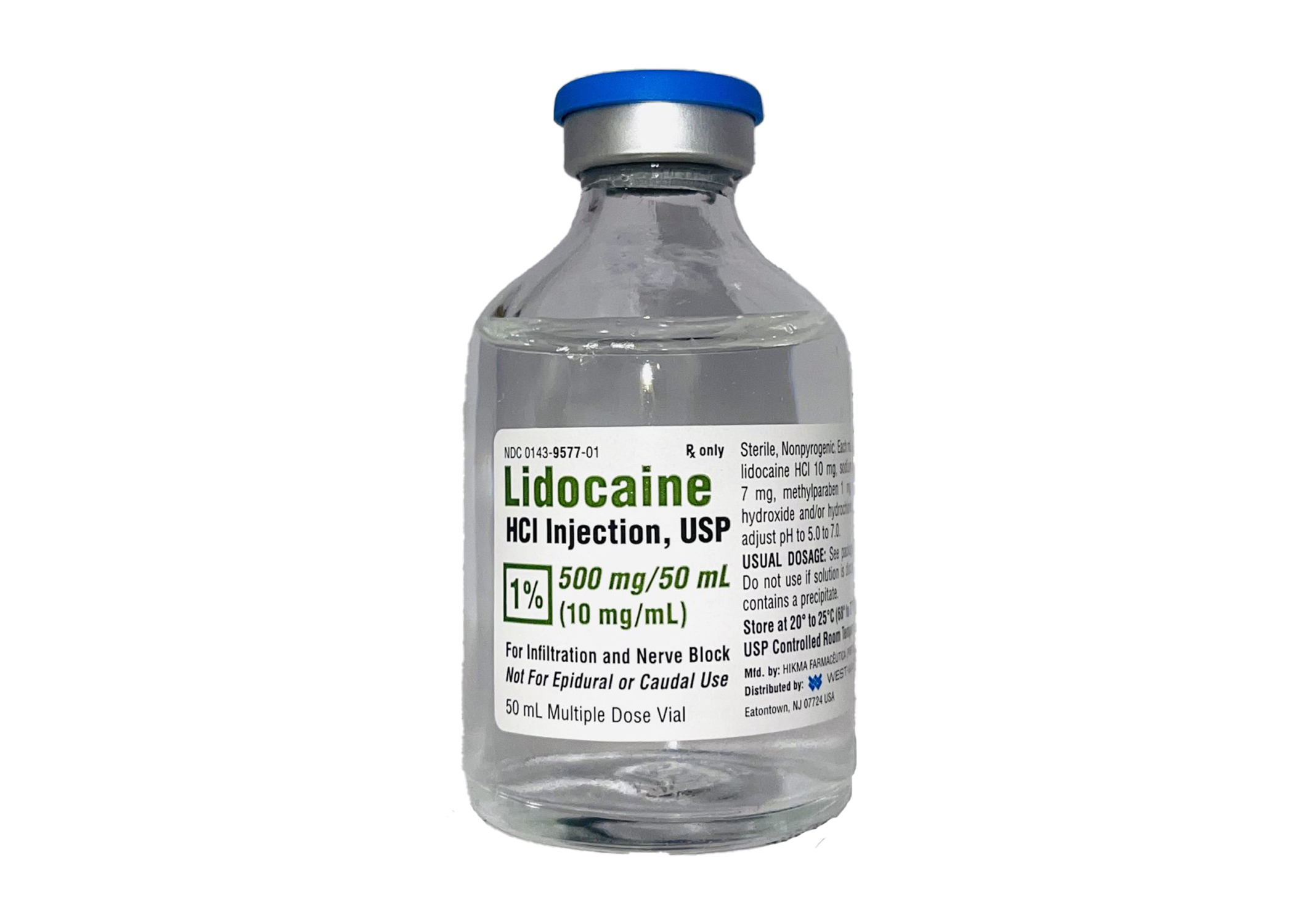 The Lidocaine Injection 1% by MedPharma USA comes in a clear 50mL vial with a blue cap, labeled Lidocaine HCl Injection, USP and contains 500 mg. It is suitable for multiple doses, providing local anesthesia and effective pain management via infiltration and nerve block.