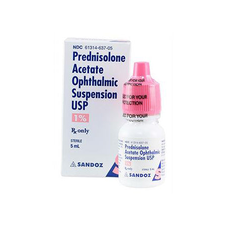 An image shows a 5ml bottle of MedPharma USAs Prednisolone Acetate 1% with a pink cap, in front of its box. Produced by Sandoz, this ophthalmic suspension is used as an anti-inflammatory treatment for eye conditions.