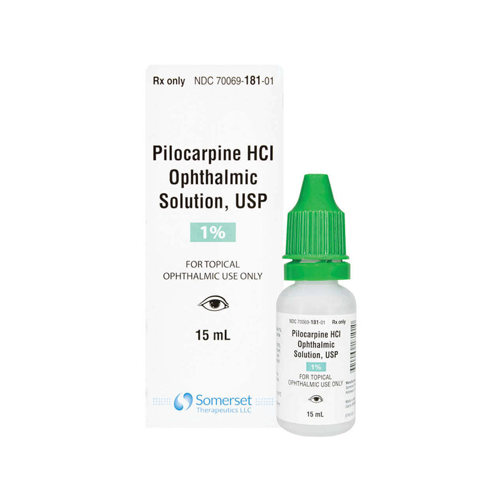 A 15 mL bottle of Pilocarpine, 1% by Somerset with a green cap is shown beside its box, displaying MedPharma USA branding. The packaging specifies its exclusive use for topical ophthalmic concerns.