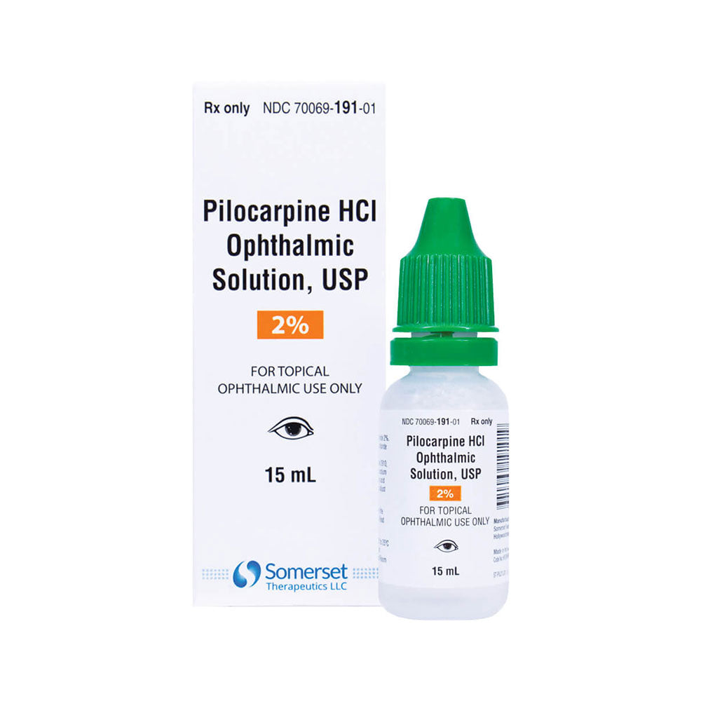 Image of a MedPharma USA Pilocarpine 2% Ophthalmic Solution, 15 mL, with green cap beside its box displaying glaucoma dosage info and labeled for topical ophthalmic use only. Produced by Somerset Therapeutics LLC.