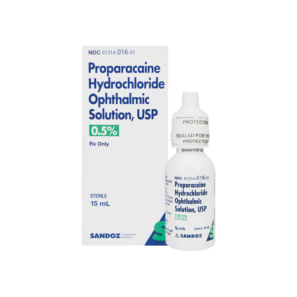 A 15 mL bottle of MedPharma USAs Proparacaine 0.5% is displayed with its box, providing effective ocular anesthesia. Featuring a white background with blue text, the packaging prominently displays Rx Only and STERILE for trusted corneal anesthesia use. Cold shipping included via Sandoz.