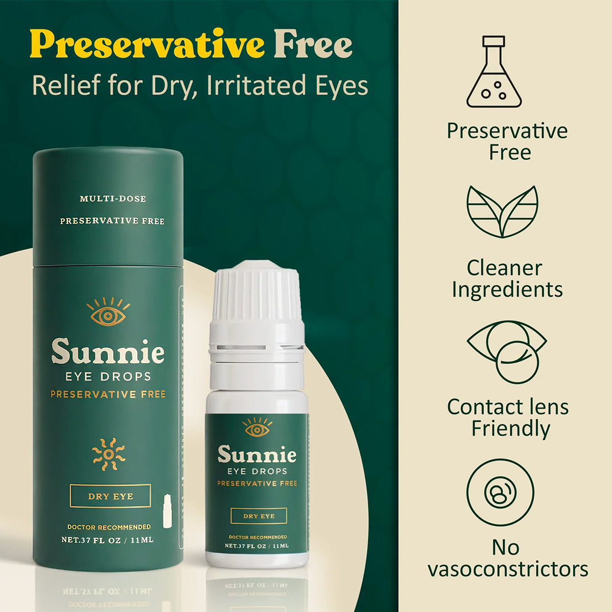 Sunnie Preservative-Free Eye Drops for Dry Eyes, (11ml), Multi-Dose Lubricating Drops with Glycerin 0.5% – for Daily Comfort