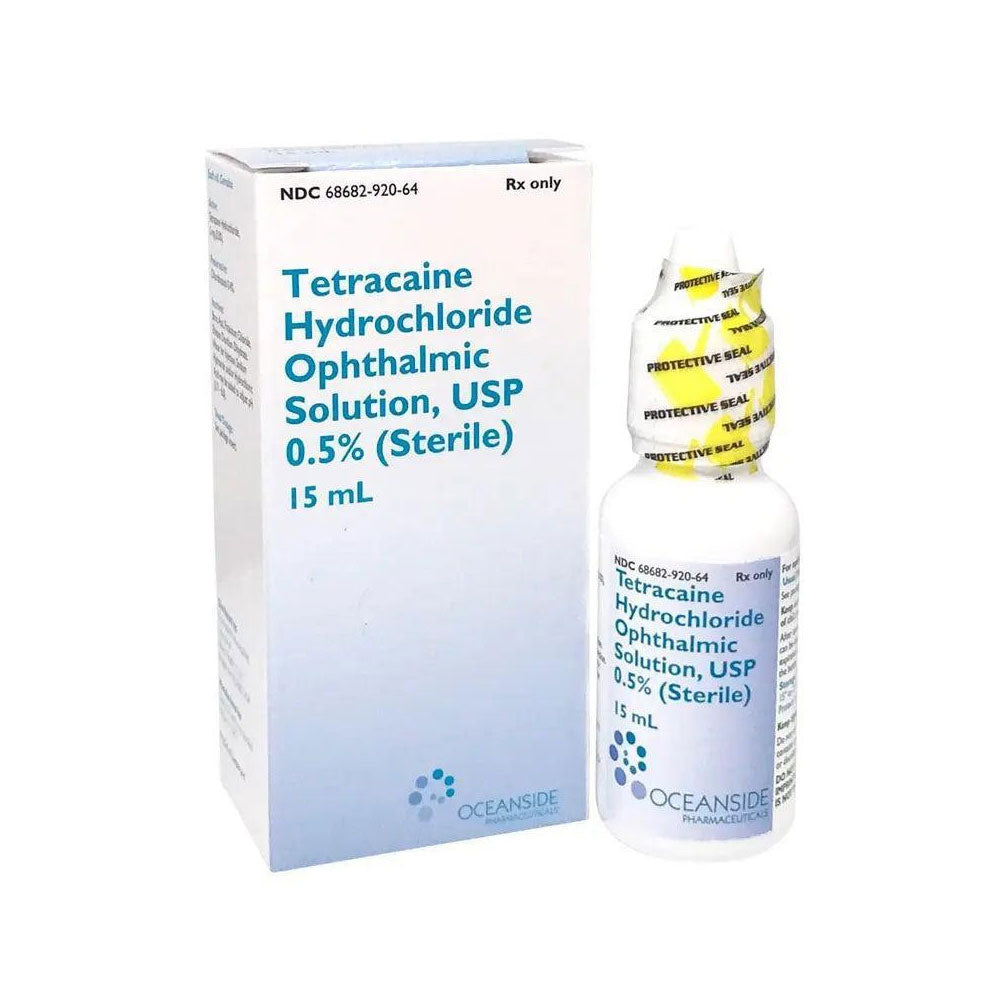 Image of a white and blue box with an eye drop bottle labeled Tetracaine Hydrochloride 0.5% Ophthalmic Solution, 15mL Drops by MedPharma USA. This local anesthetic features safety labels and a protective cap seal.