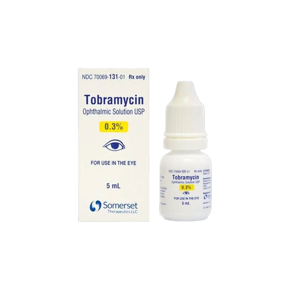 A 5 mL bottle of Tobramycin (0.3%), labeled For use in the eye with an eye illustration, is an ophthalmic antibiotic by Somerset Therapeutics under the brand MedPharma USA, effectively treating ocular infections.