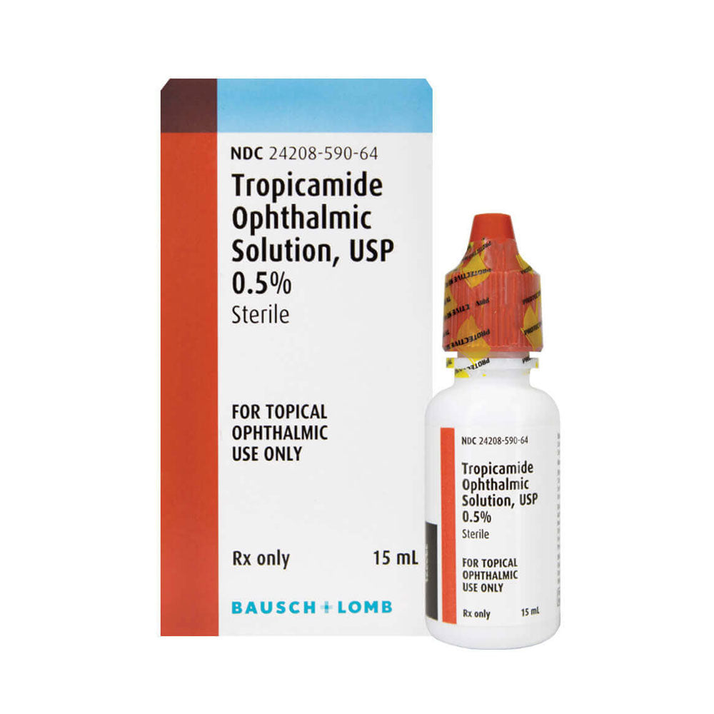 A bottle of Tropicamide, 0.5%, 15mL - B&L for pupil dilation is next to its packaging, labeled for topical ophthalmic use only, Rx only. Brand: MedPharma USA.