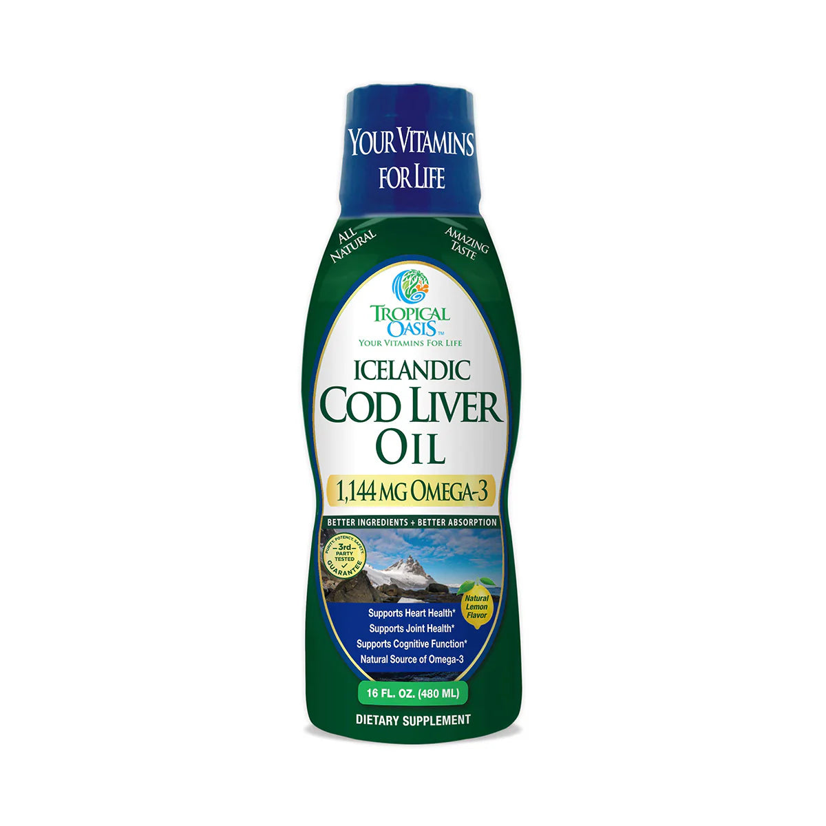 Tropical Oasis Cod Liver Oil 1144mg Omega-3 Liquid Supplement (16oz.)