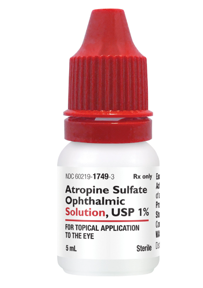 The Atropine Sulfate Ophthalmic Solution, 1%, 5mL by MedPharma USA, is designed for eye conditions. It features a red cap and a white label with black and red text, highlighting its topical ocular use.