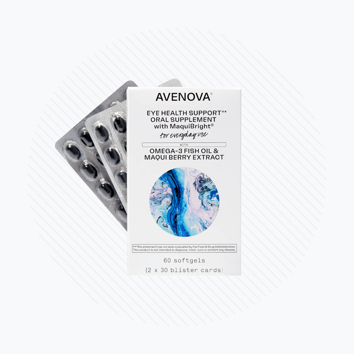 NovaBays Avenova Eye Health Support with MaquiBright & Omega-3 contains 60 softgels for a months supply. The white box features blue and white abstract swirls and houses two blister packs, offering premium eye health support.