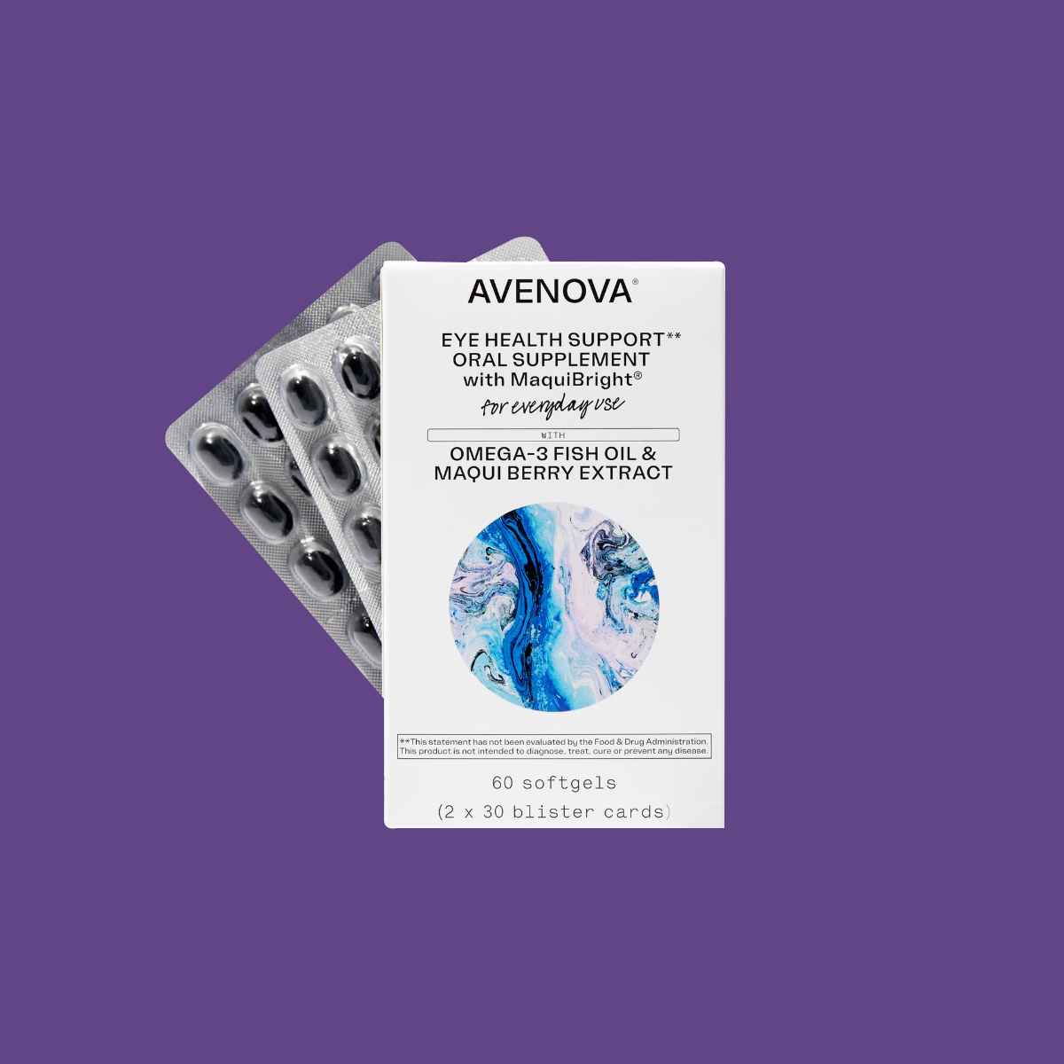 The NovaBay Avenova Eye Health Support with MaquiBright & Omega-3 features dark softgels in two blister packs, designed for eye health. The box showcases a solid purple background.