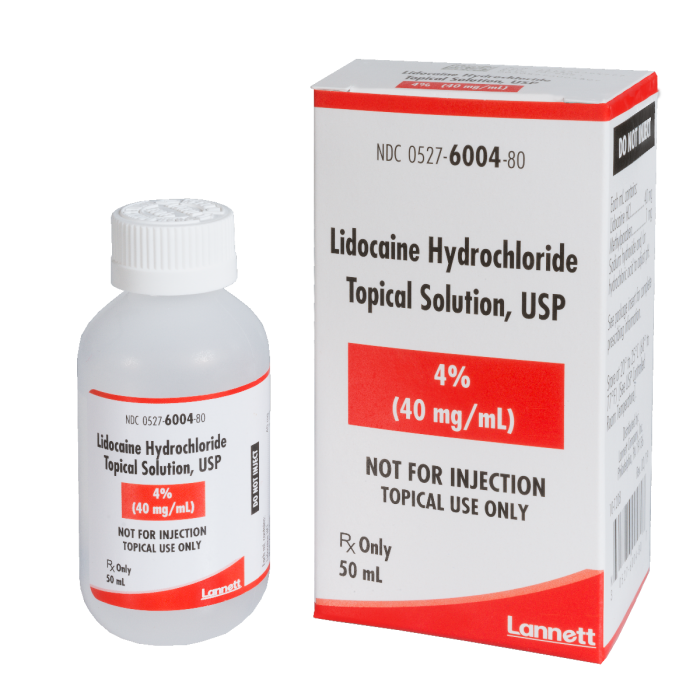Lidocaine Hydrochloride 4% topical solution 50mL bottle by Lannett ‚Äö√Ñ√¨ prescription anesthetic for mucosal applications ‚Äö√Ñ√¨ Vision Rescue.