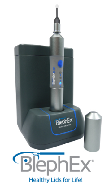 An image features the Blephex Eyelid Biofilm Remover device in its charging station, showcasing its vital role in eyelid hygiene. The sleek silver tool with a blue power button and Healthy Lids for Life! branding stands beside a detachable cover, highlighting its use in the Blephex procedure.