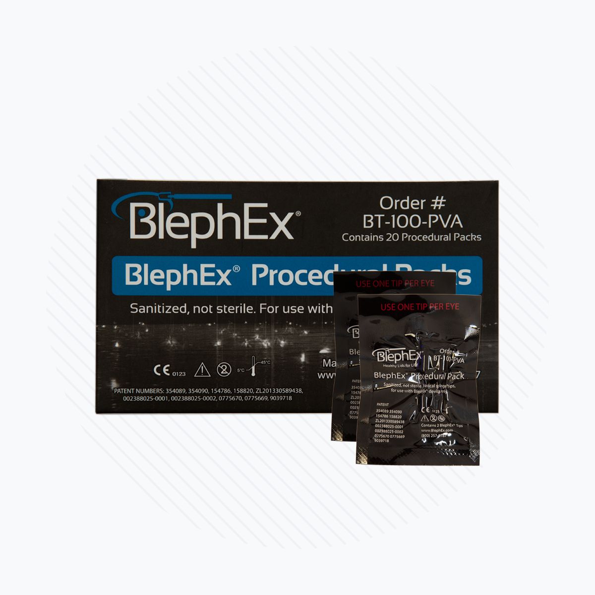 Box and packet of Blephex Procedural Packs, labeled with product name and order number (BT-100-PVA), crafted for optimal eye care. The text states Sanitized, not sterile. To be used with the BlephEx handpiece for patient treatment.