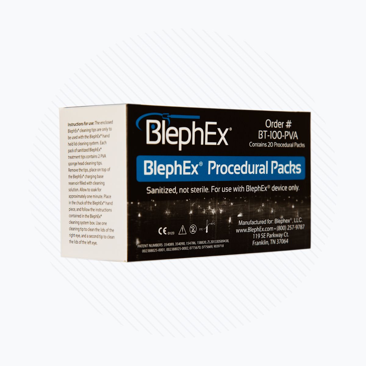 The image features a box of Blephex Procedural Packs, crucial for patient treatment. The black packaging with white and blue text indicates 20 packs or 40 tips per box. Labeled Sanitized, not sterile, its designed for eye care with a BlephEx device.