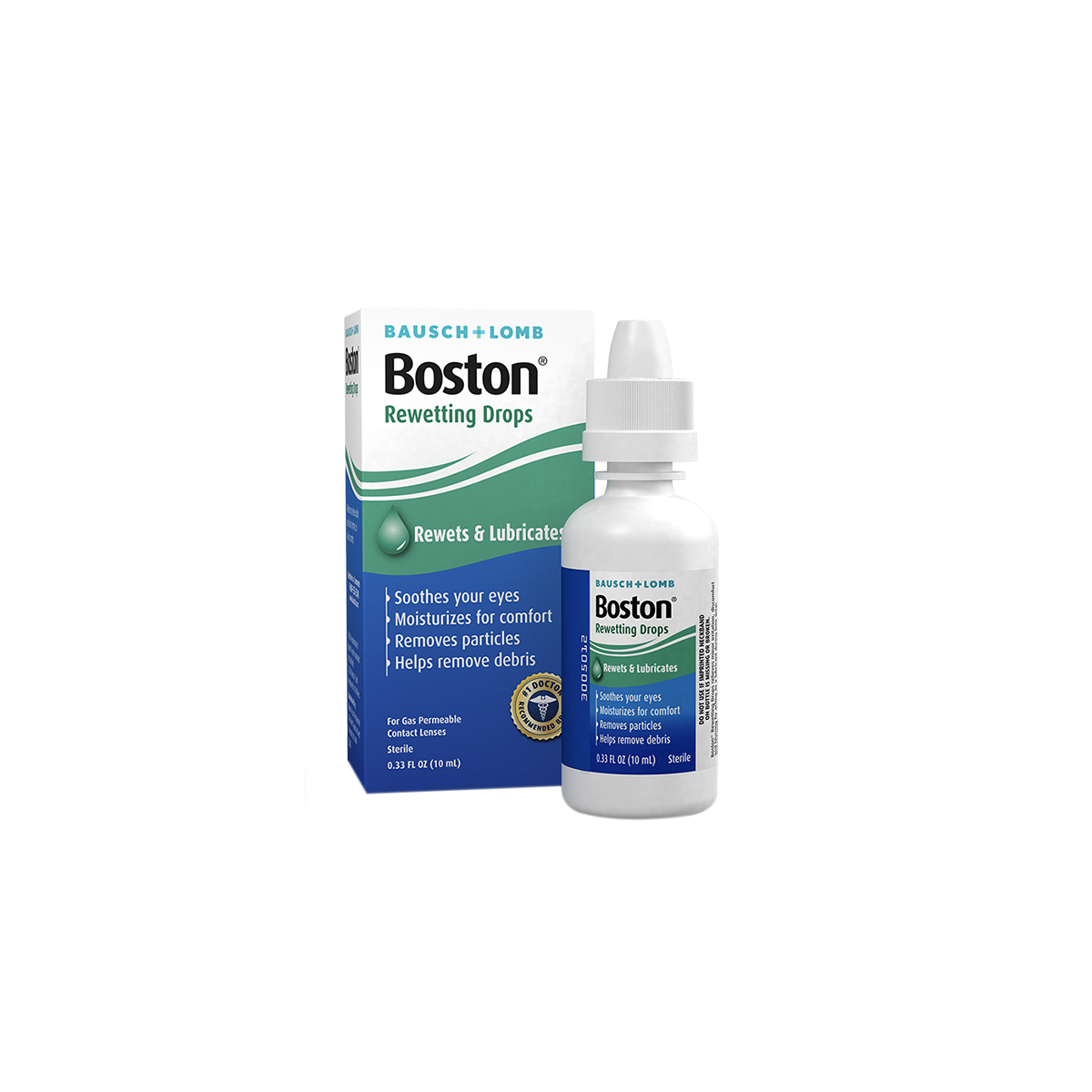 A white bottle of Bausch + Lombs Boston Rewetting Eye Drops for Gas Permeable Contact Lenses (0.33 fl oz) is featured, highlighting benefits like soothing eyes, providing moisturizing comfort, and enhancing lens wettability.